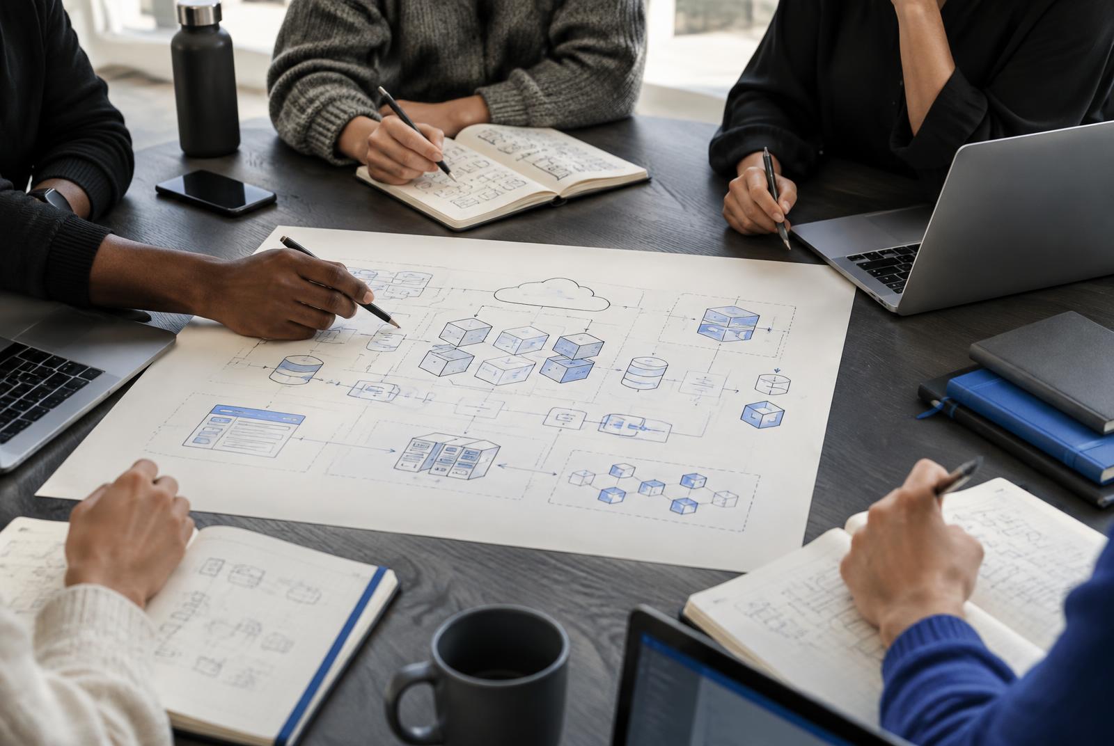 People collaboratively reviewing an illustrative cloud systems diagram